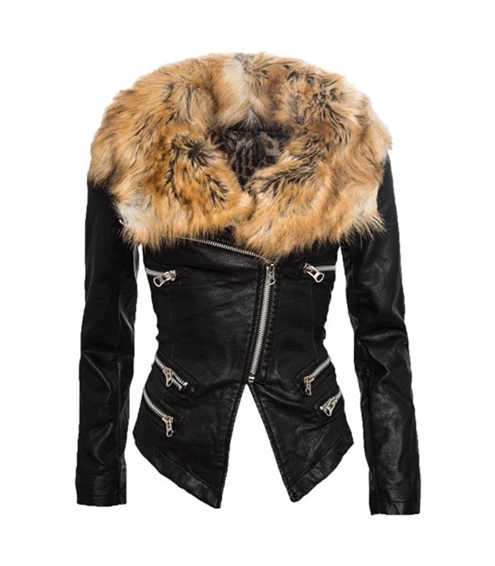 Damen Kunstleder Jacke Schwarz Leder mit Fellkragen Kunstpelz Bikerjacke