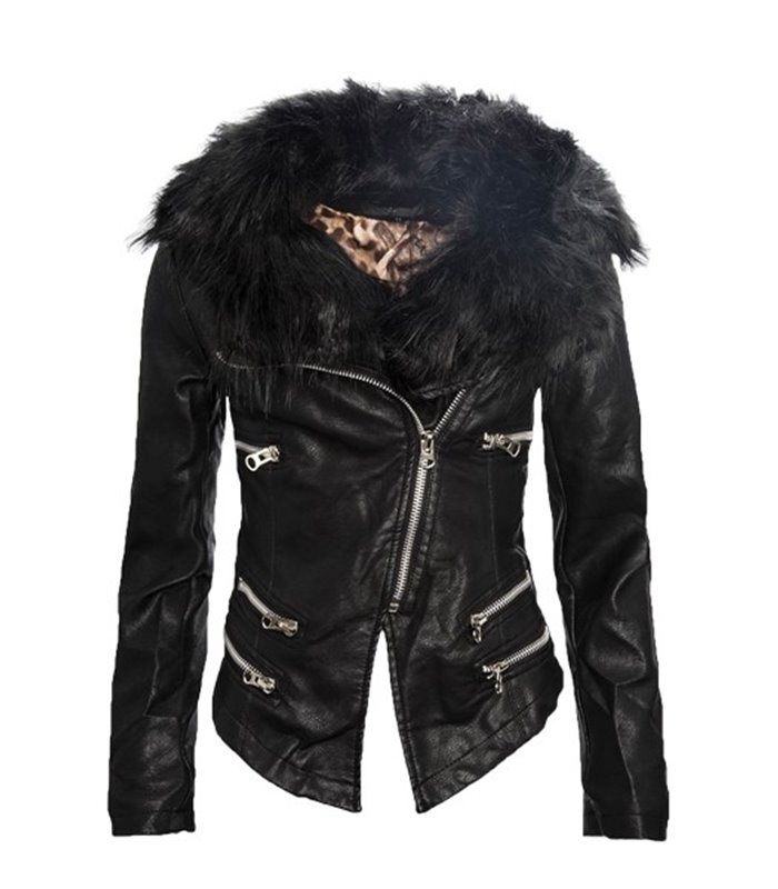 Damen Kunstleder Jacke Schwarz Leder mit Fellkragen Kunstpelz Bikerjacke