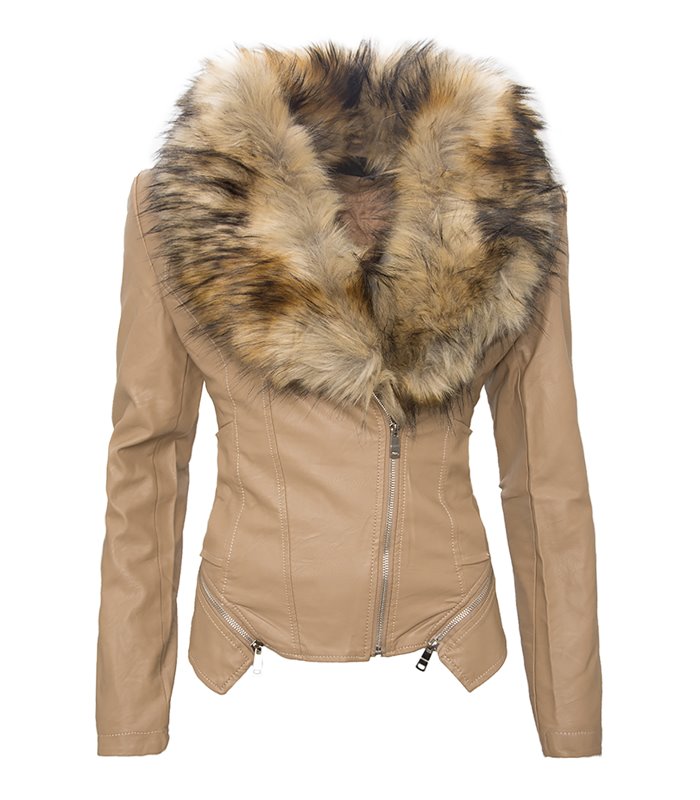 Damen Kunstleder Jacke Übergangs Biker Jacke mit Fell Kragen Kunstpelz