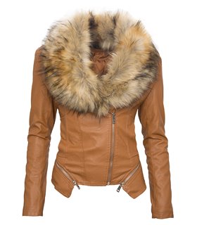 Damen Kunstleder Jacke mit Kunstpelz-Kragen D-69 