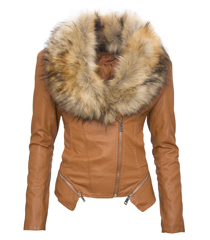 Damen Kunstleder Jacke Übergangs Biker Jacke mit Fell Kragen Kunstpelz