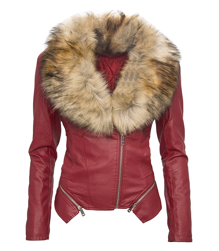 Damen Kunstleder Jacke Übergangs Biker Jacke mit Fell Kragen Kunstpelz