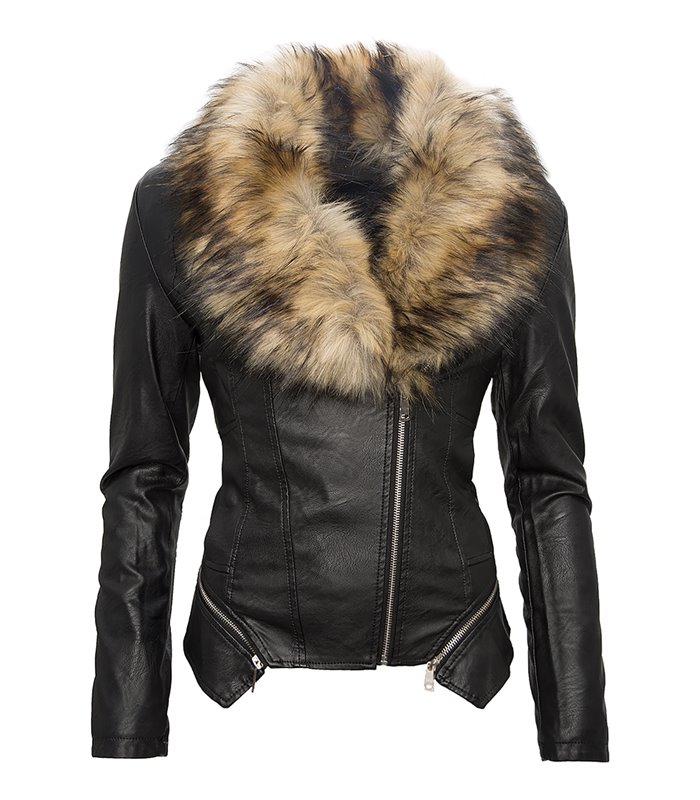 Damen Kunstleder Jacke Übergangs Biker Jacke mit Fell Kragen Kunstpelz