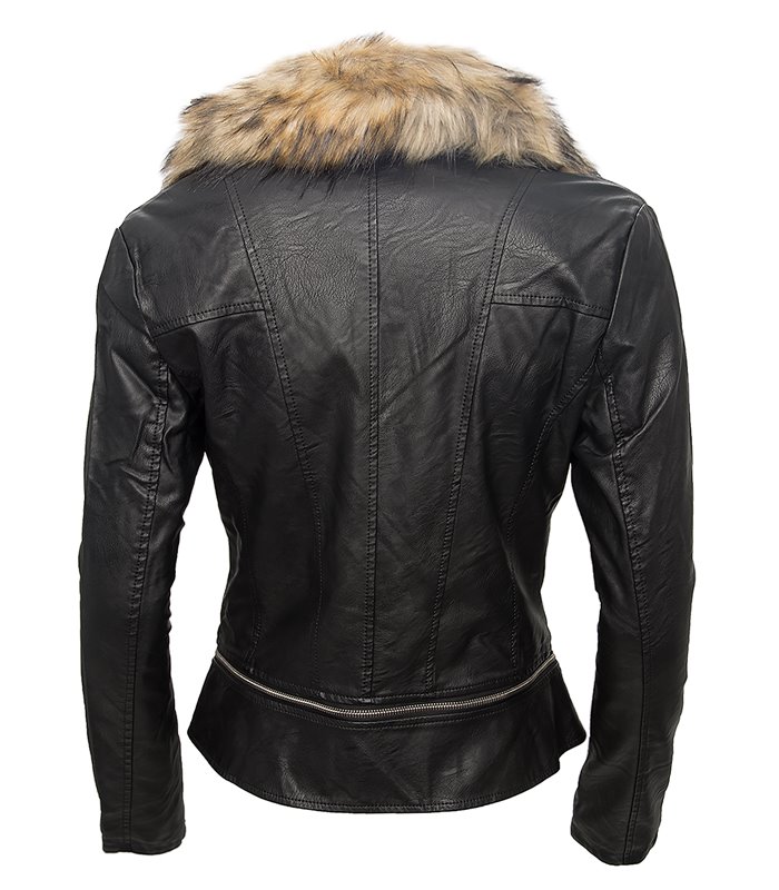 Damen Kunstleder Jacke Übergangs Biker Jacke mit Fell Kragen Kunstpelz