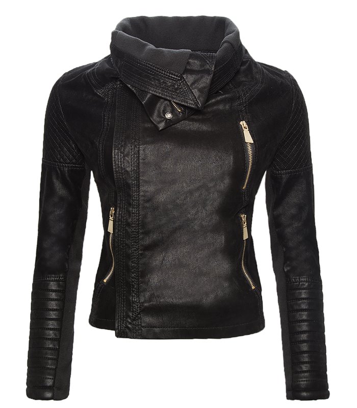 Damen Kunstleder Jacke Stehkragen D-77
