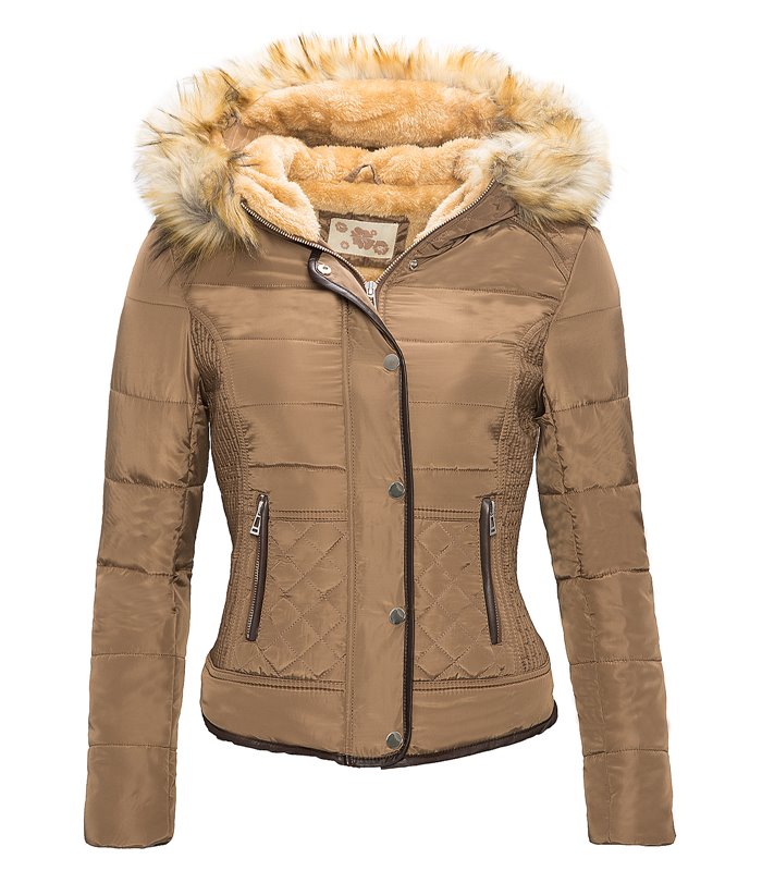 Damen Jacke Steppjacke Wattierter Mantel mit Kunstpelzkapuze Winter