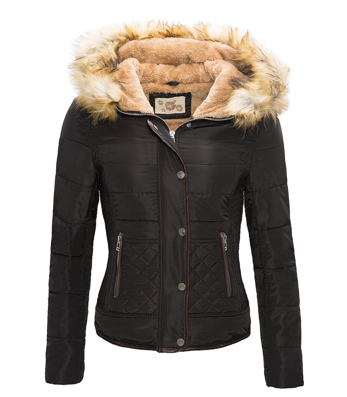 Damen Jacke Steppjacke Wattierter Mantel mit Kunstpelzkapuze Winter