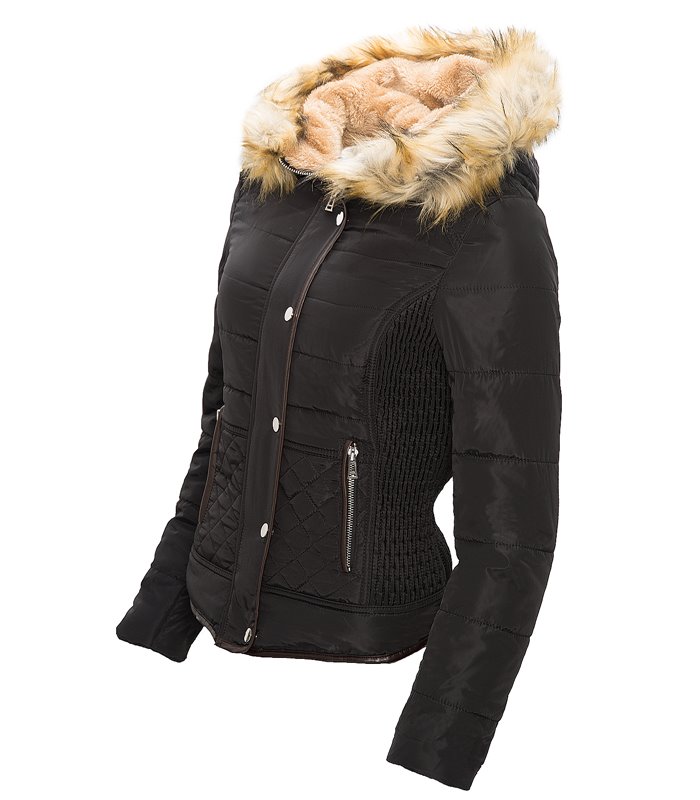 Damen Jacke Steppjacke Wattierter Mantel mit Kunstpelzkapuze Winter