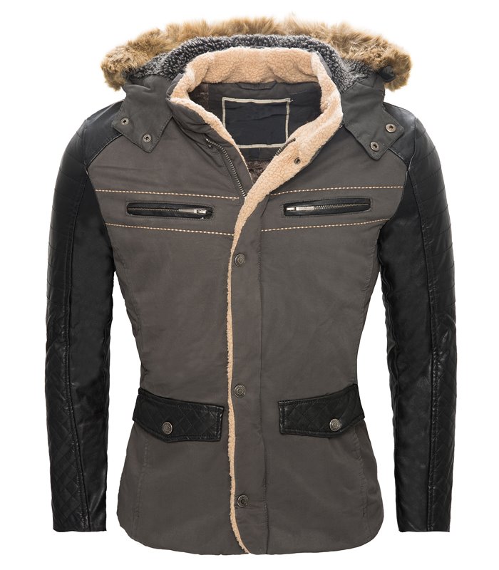 Herren Jacke Kapuze Kunstpelz Winterjacke Kunstleder Ärmel gefüttert warm H-062