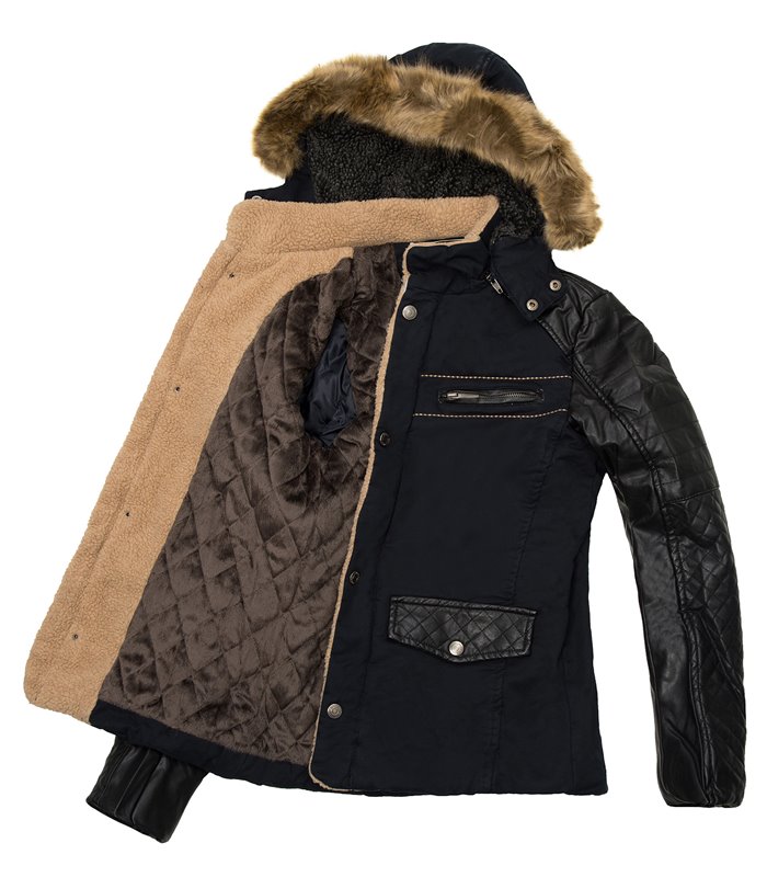 Herren Jacke Kapuze Kunstpelz Winterjacke Kunstleder Ärmel gefüttert warm H-062