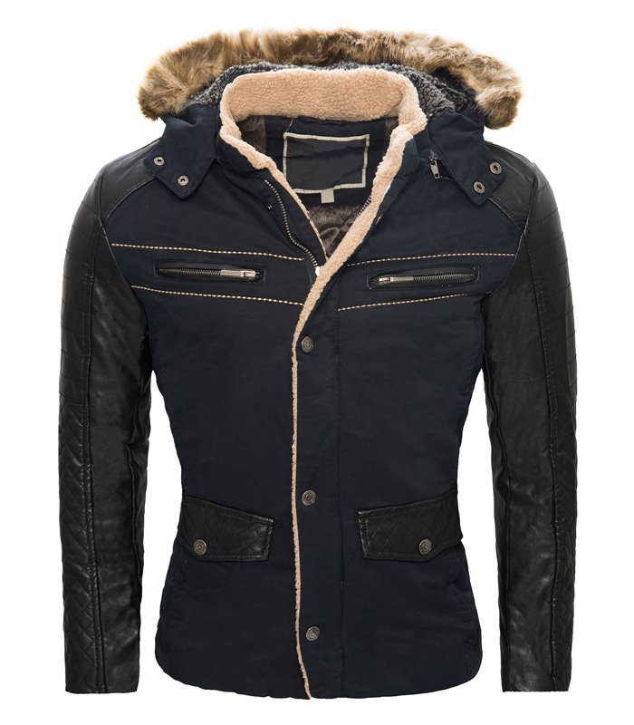 Herren Jacke Kapuze Kunstpelz Winterjacke Kunstleder Ärmel gefüttert warm H-062