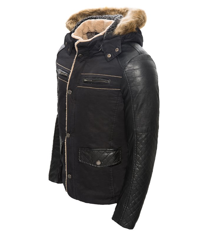 Herren Jacke Kapuze Kunstpelz Winterjacke Kunstleder Ärmel gefüttert warm H-062