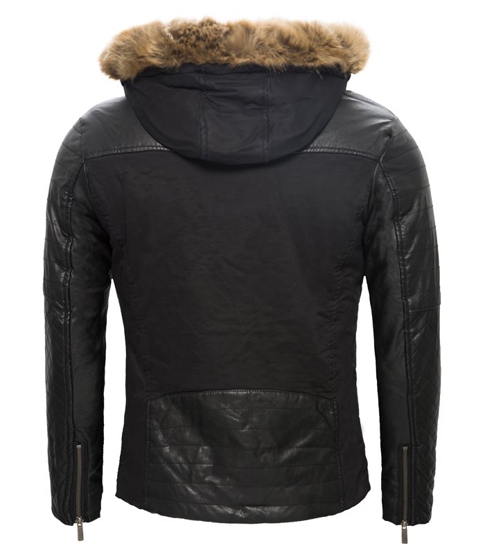 Herren Jacke Kapuze Kunstpelz Winterjacke Kunstleder Ärmel gefüttert warm H-062
