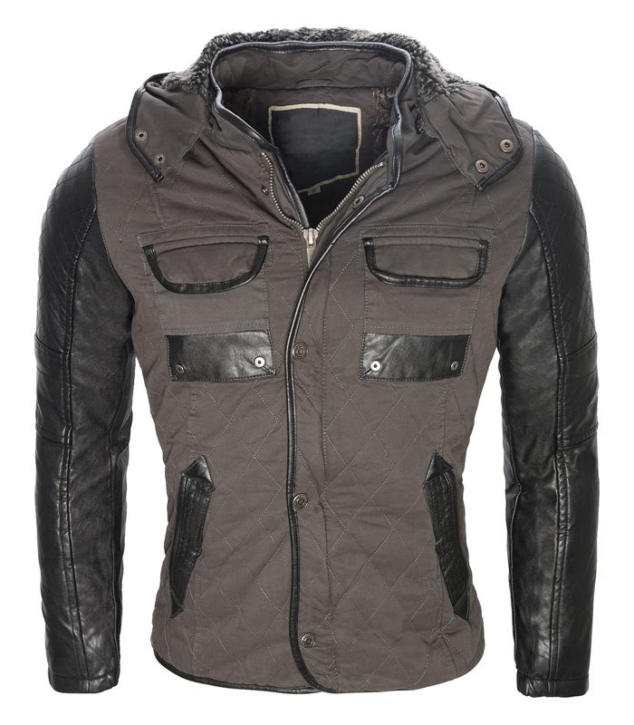 Herren Jacke Kapuze Winterjacke Kunstleder Ärmel gefüttert warm Outdoor H-063