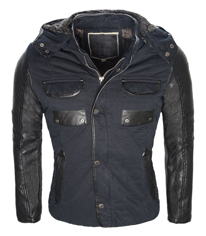 Herren Jacke Kapuze Winterjacke Kunstleder Ärmel gefüttert warm Outdoor H-063