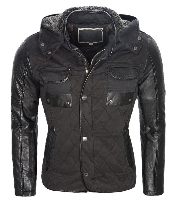 Herren Jacke Kapuze Winterjacke Kunstleder Ärmel gefüttert warm Outdoor H-063