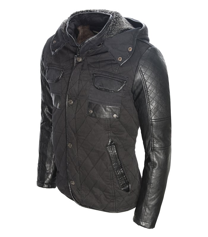 Herren Jacke Kapuze Winterjacke Kunstleder Ärmel gefüttert warm Outdoor H-063