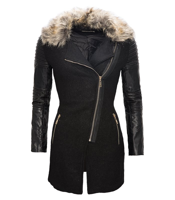 Damen Mantel mit Kunstleder Ärmel Fellkragen Damenjacke Schwarz Winter