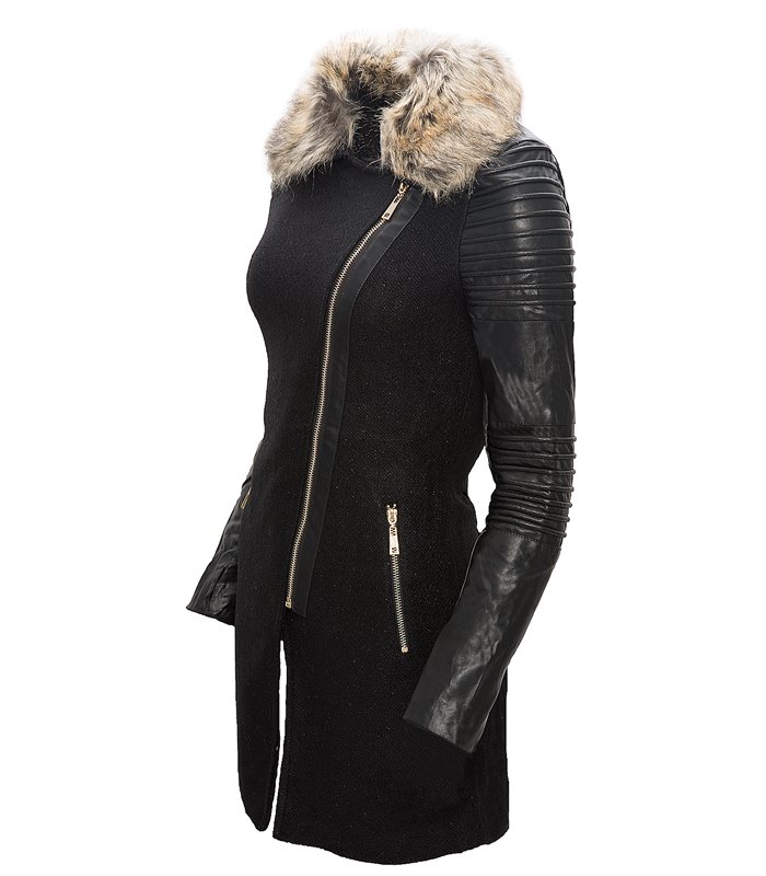 Damen Mantel mit Kunstleder Ärmel Fellkragen Damenjacke Schwarz Winter