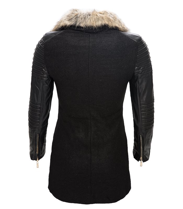 Damen Mantel mit Kunstleder Ärmel Fellkragen Damenjacke Schwarz Winter