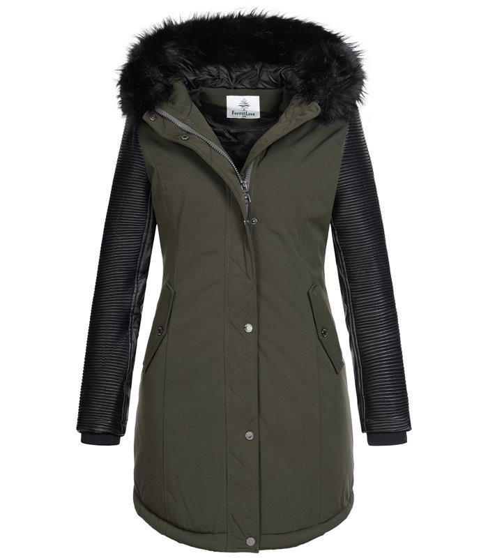 Damen Jacke Winterjacke Parka mit Kunstlederärmel D-347