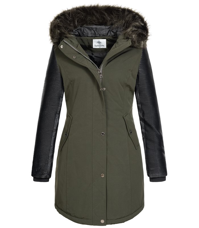 Damen Jacke Winterjacke Parka mit Kunstlederärmel D-347